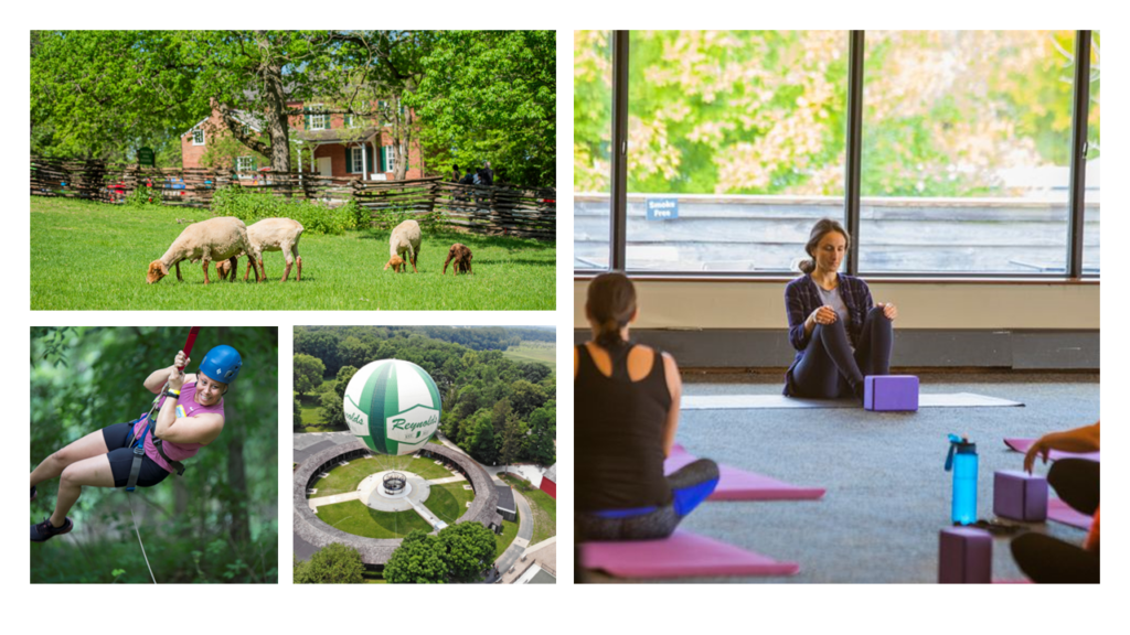 Image is a collage of photos of people enjoying different activities at Conner Prairie. This collage is meant to provide a glimpse of activities occurring on the day of the retreat.